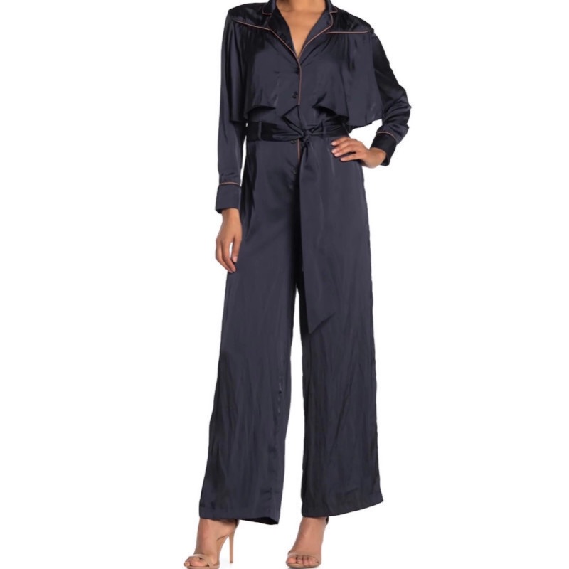 Current Air Navy Satin Capelet Wide Leg Jumpsuit